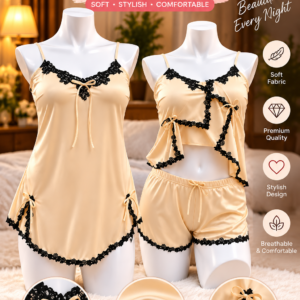 Womenâs Satin Nightwear Set with Black Lace | Stylish Cami Top & Shorts Sleepwear Set