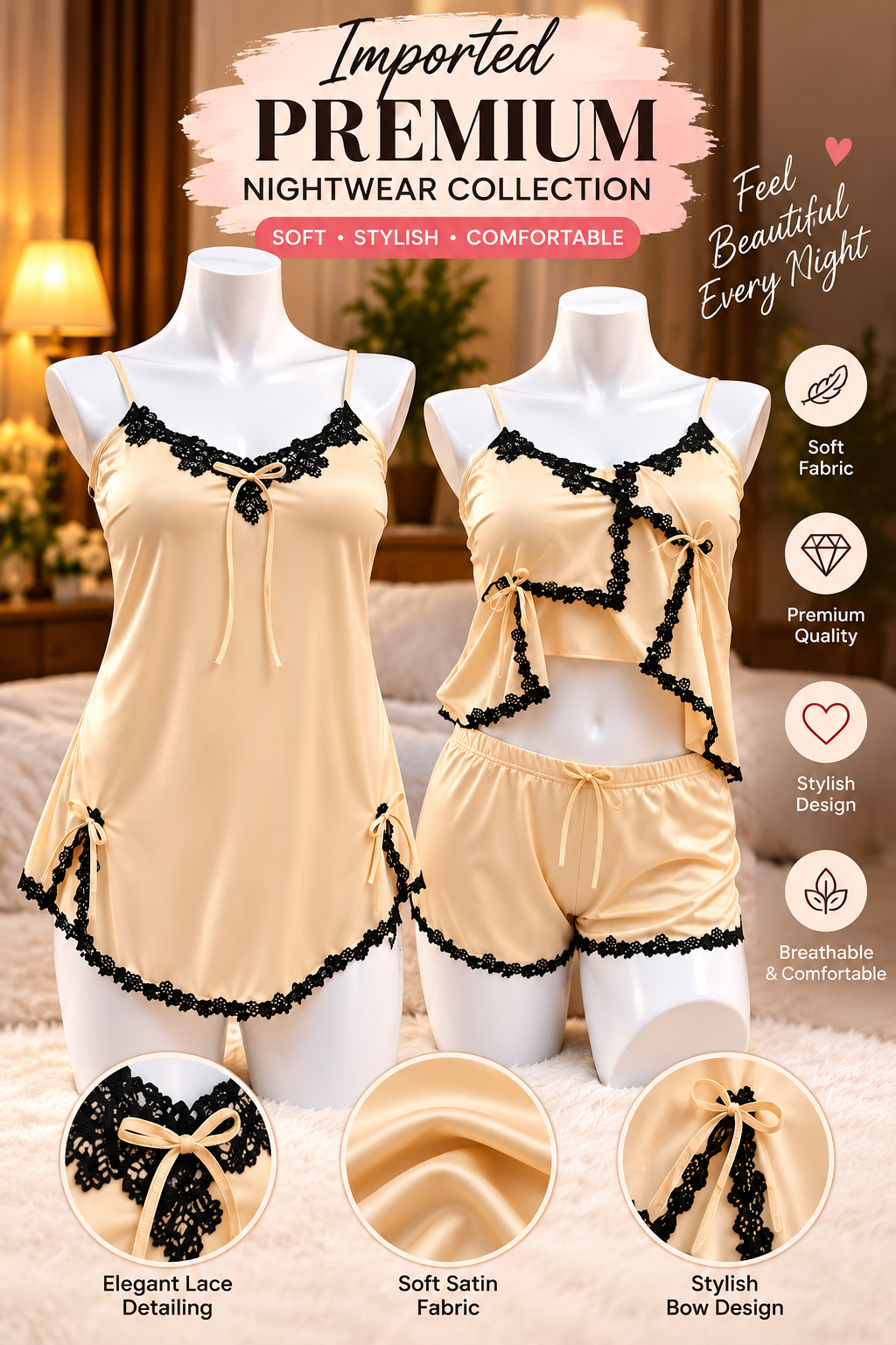 Women’s Satin Nightwear Set with Black Lace | Stylish Cami Top & Shorts Sleepwear Set