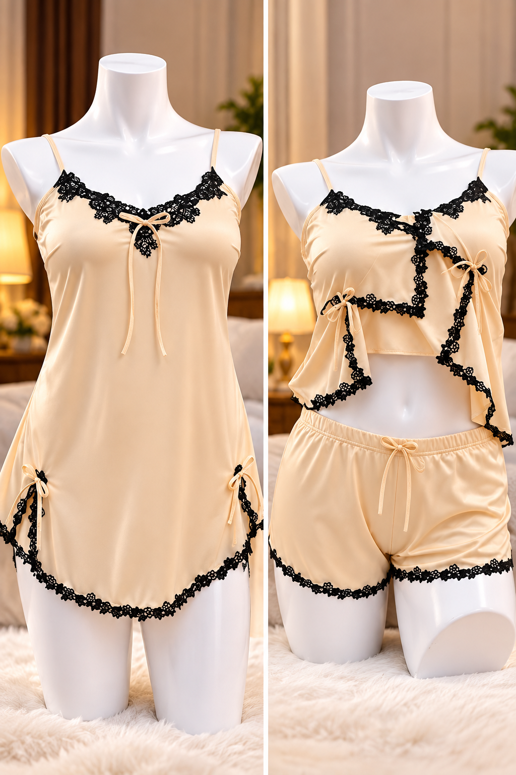 Women’s Satin Nightwear Set with Black Lace | Stylish Cami Top & Shorts Sleepwear Set - Image 3